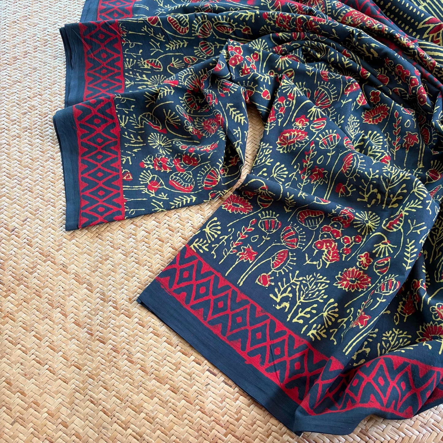 Mul Mul Cotton saree, Hand Block Printed, Green
