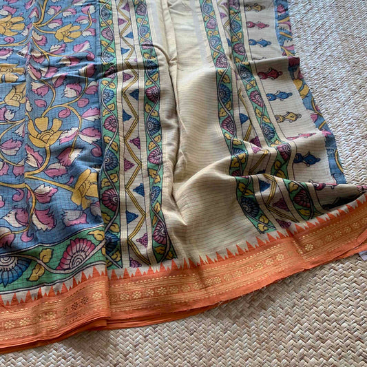 Blue-ish Grey Kalamkari Hand Painted on Chettinad Cotton saree