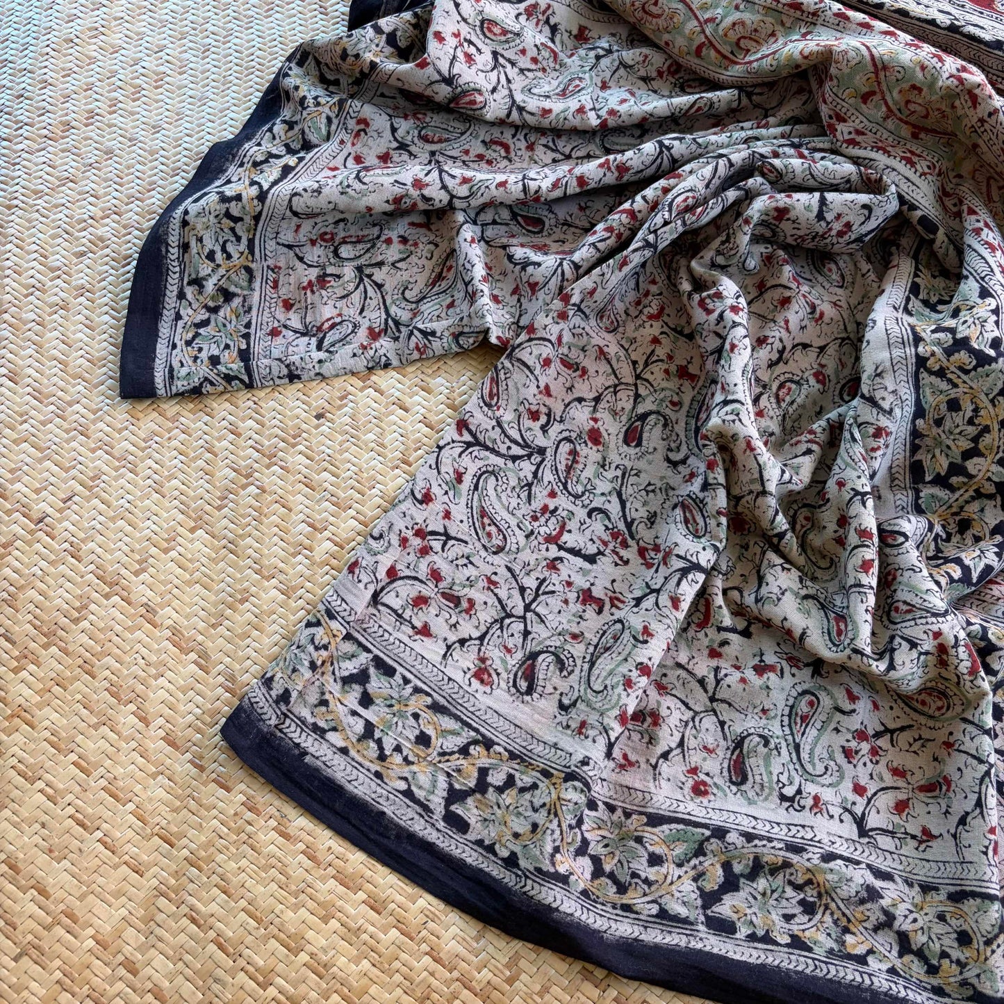 Multicoloured, Kalamkari Hand Block Printed Natural dye, Mul cotton saree