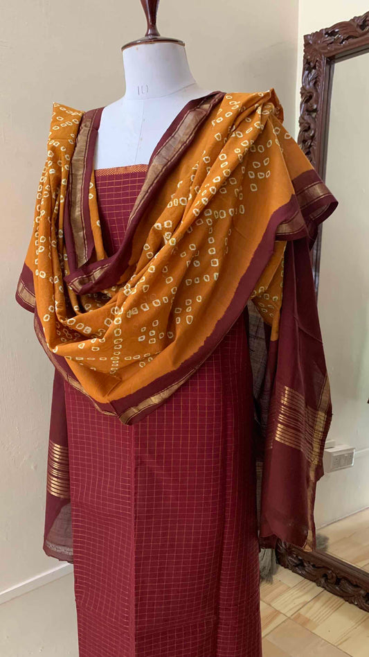 Mustard Dupatta And Top Fabric, Hand woven, Hand knotted Sungudi Cotton Kaikattu Sungadi