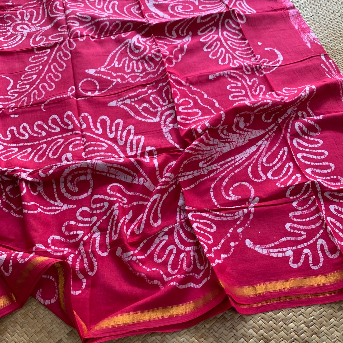 Pink Hand Crafted wax print Sungudi Mul Mul Cotton Saree