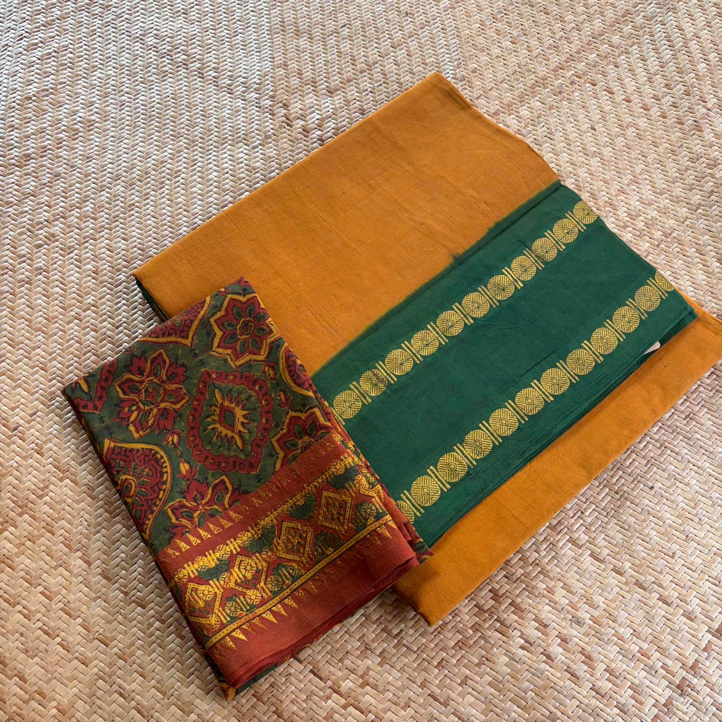 Mustard Saree With Ajrak Printed Blouse , Zari Rudraksham Rettai Pettu Border , Clamp dyed (Kattu sayam)