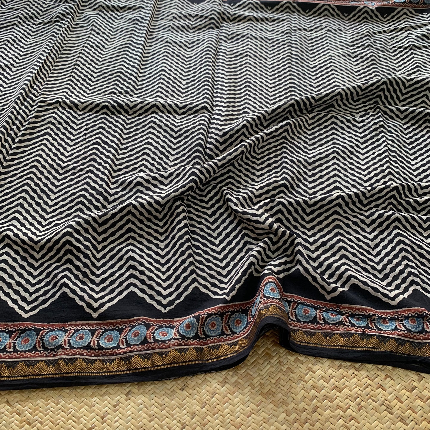 Herringbone , Ajrak Hand Block Printed On Madurai Cotton Saree With Zari