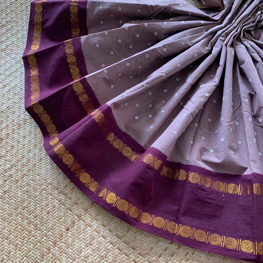 Mauve Grey Saree With Burgundy Border, Hand knotted Sungudi On a Rudraksham Border Cotton saree, Kaikattu Sungadi