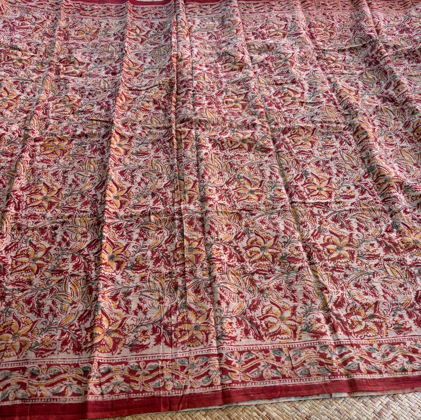 Red, Kalamkari Hand Block Printed Natural dye, Mul cotton saree