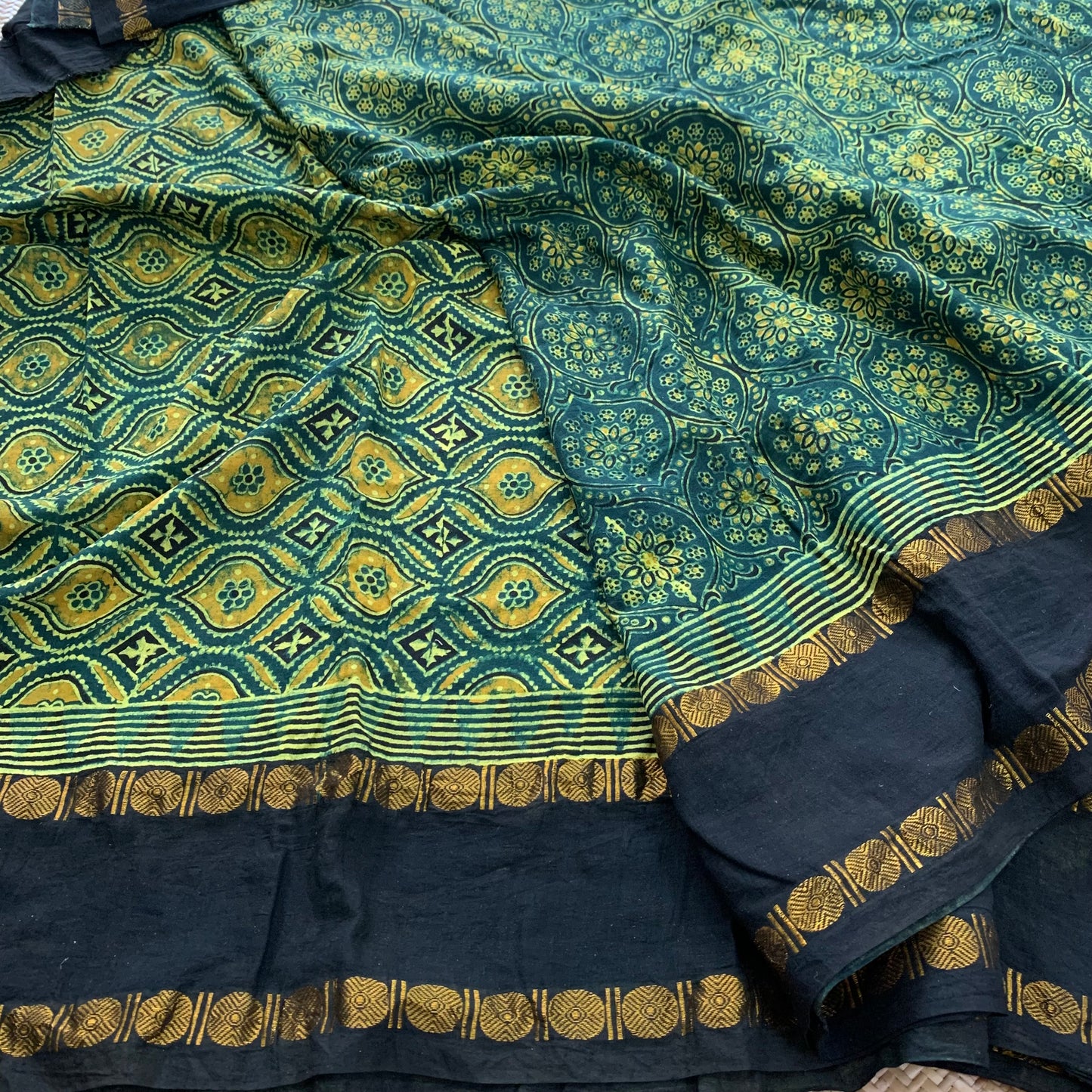 Patterned Flowers, Ajrak Hand Block Printed On Madurai Cotton Saree With Zari