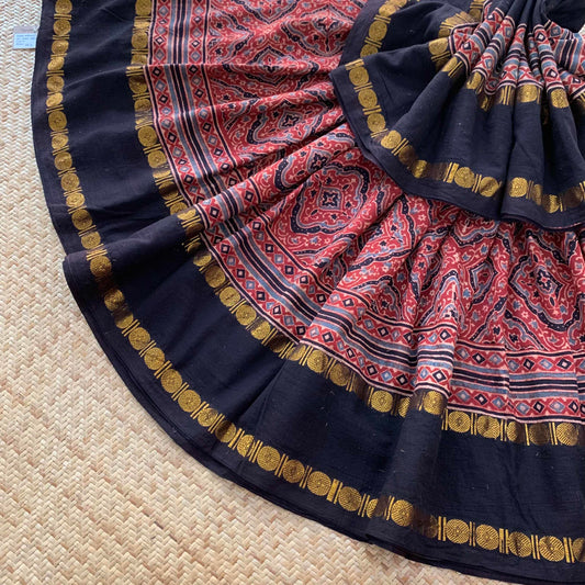 Madder, Ajrak Hand Block Printed On Madurai Cotton Saree With Zari