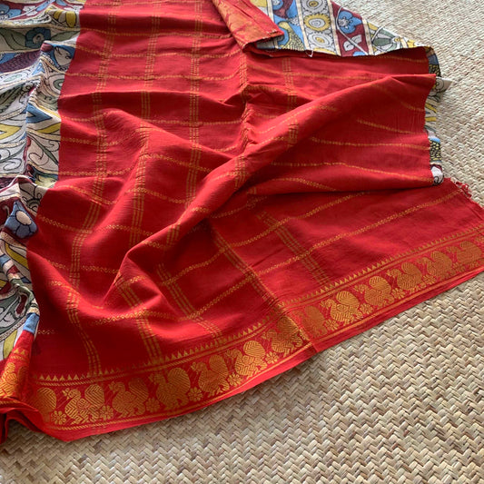 Multicoloured Kalamkari Hand Painted on a Madurai Velthari Sungudi Cotton saree.