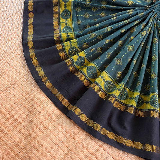 Diamond Green, Ajrak Hand Block Printed On Madurai Cotton Saree With Zari