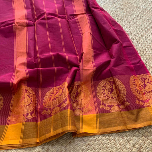 Maroon with Mustard Thread Border, Chettinadu Cotton Saree