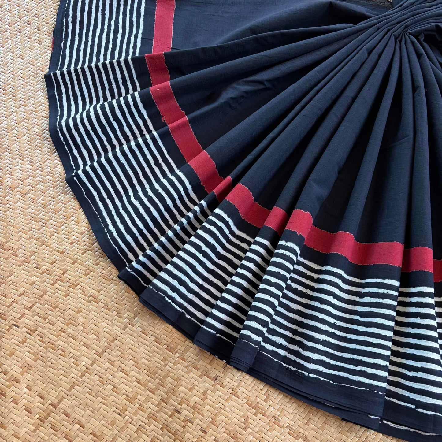 Mul Mul Cotton saree, Hand Block Printed, Black