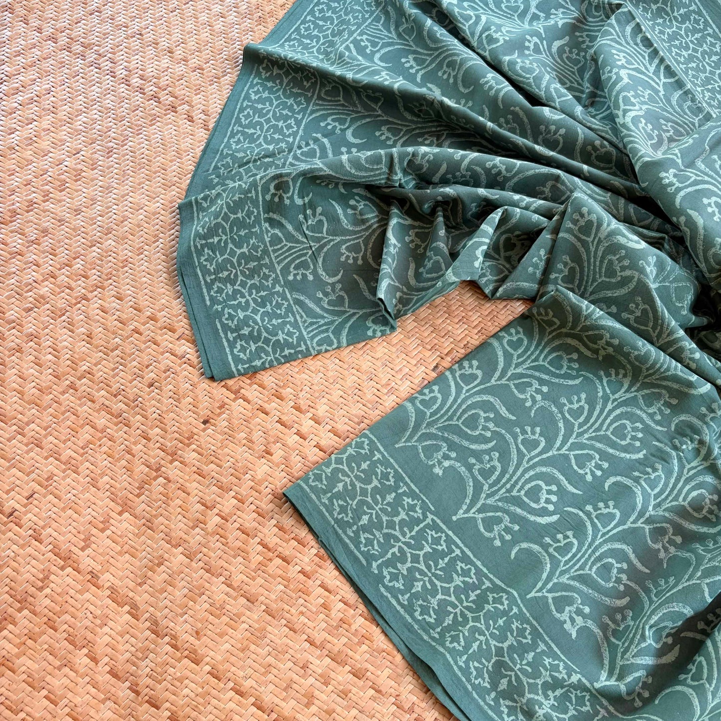 Mul Mul Cotton saree, Hand Block Printed, green