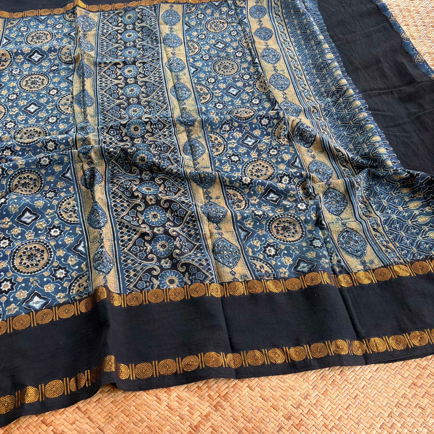 Diamond Indigo, Ajrak Hand Block Printed On Madurai Cotton Saree With Zari