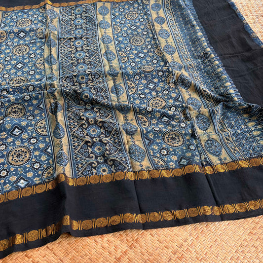 Diamond Indigo, Ajrak Hand Block Printed On Madurai Cotton Saree With Zari