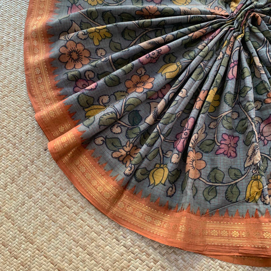 Grey Kalamkari Hand Painted on Chettinad Cotton saree