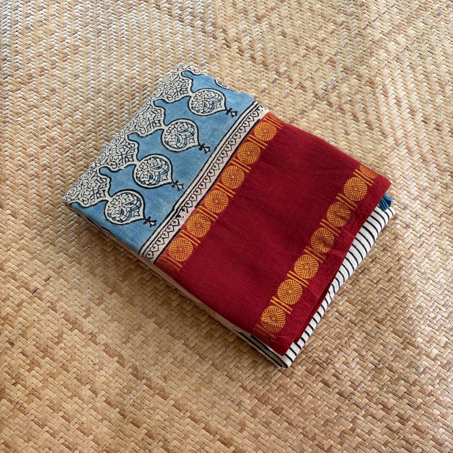 Off White Stripes, Ajrak Hand Block Printed On Madurai Cotton Saree With Zari