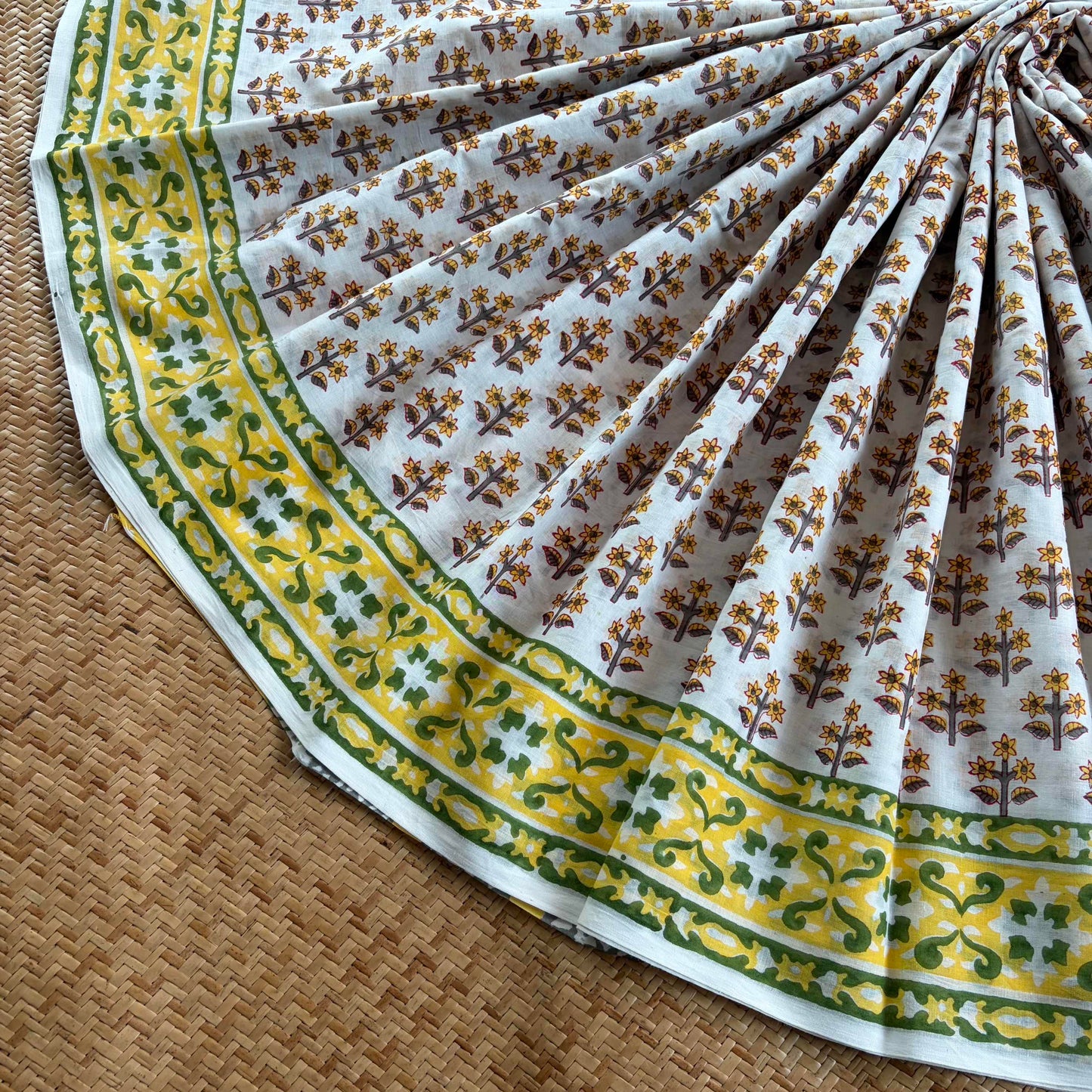 Mul Mul Cotton saree, Hand Block Printed, Off white