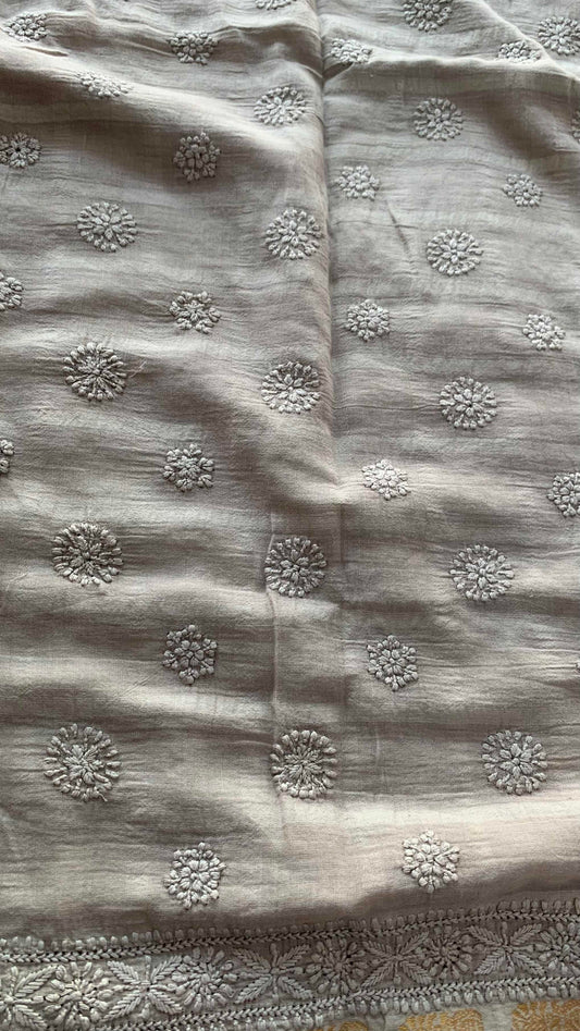 Grey Chickankari Hand Embroidery on a Sungudi Cotton Saree