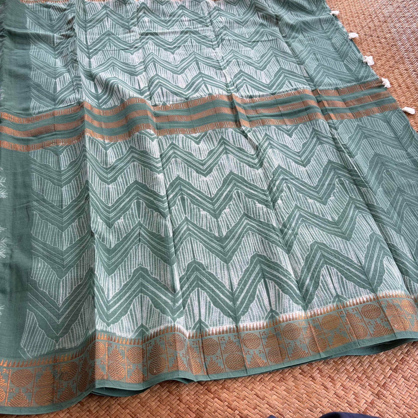 Pastel Sage Green, Hand Crafted Nui Shibori Sungudi Cotton Saree