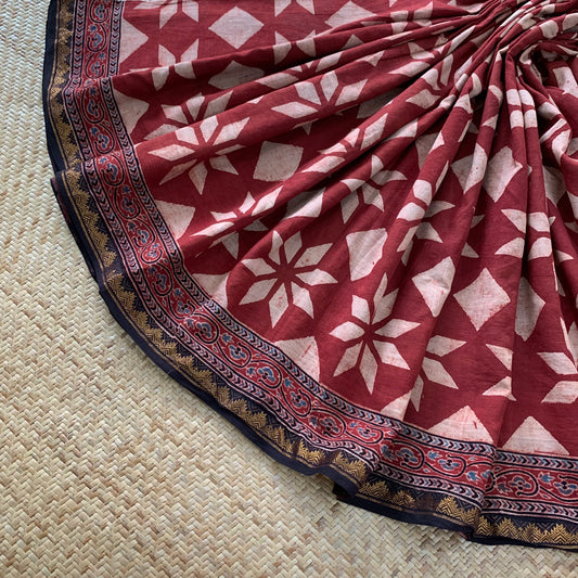 Athangudi Tiles- Madder , Ajrak Hand Block Printed On Madurai Cotton Saree With Zari