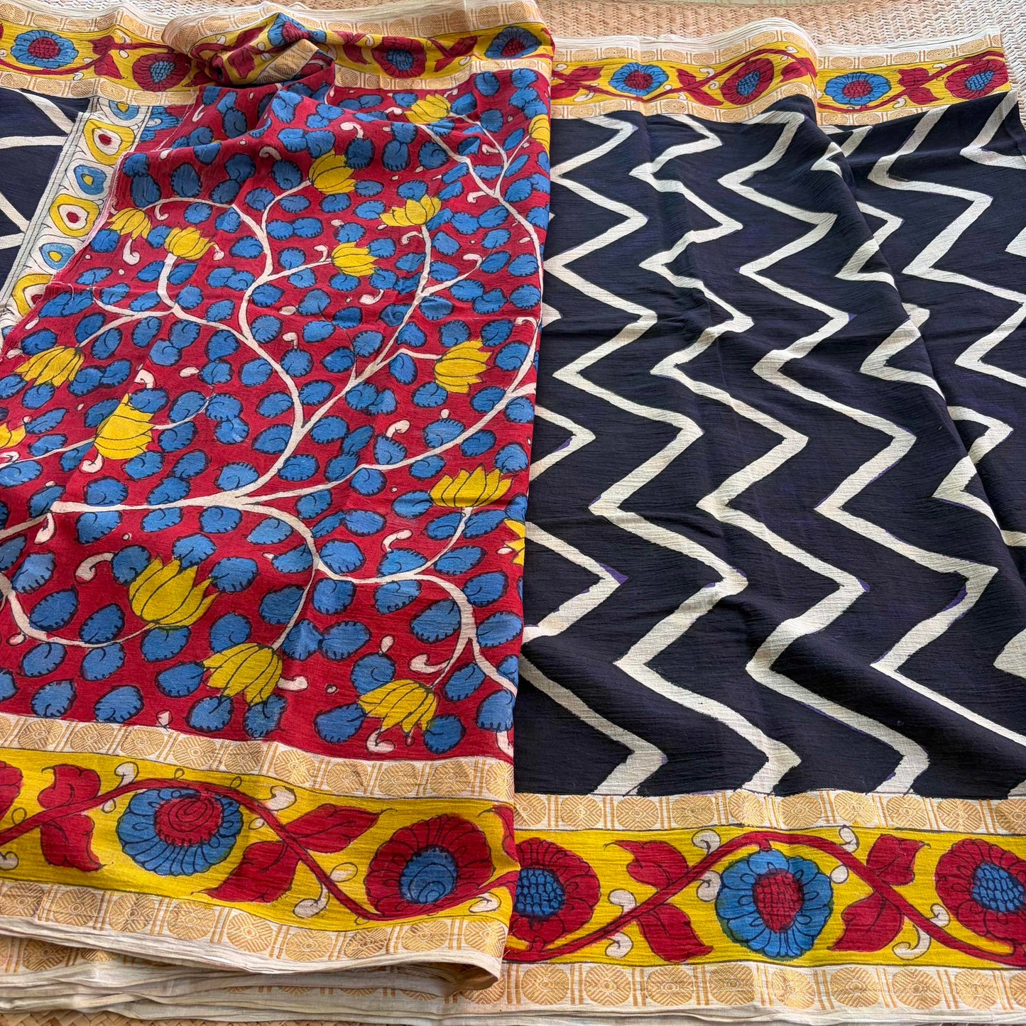 Herringbone Kalamkari Hand Painted on Cotton Sungudi Saree With Blouse