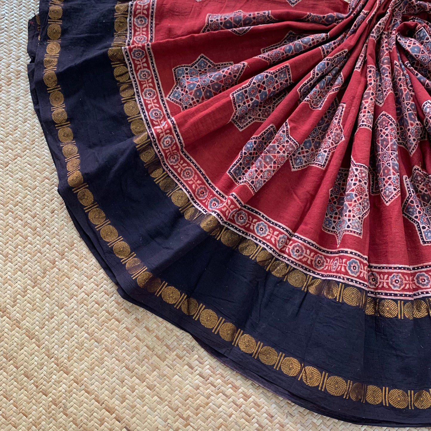 Star-Manjistha, Ajrak Hand Block Printed On Madurai Cotton Saree With Zari