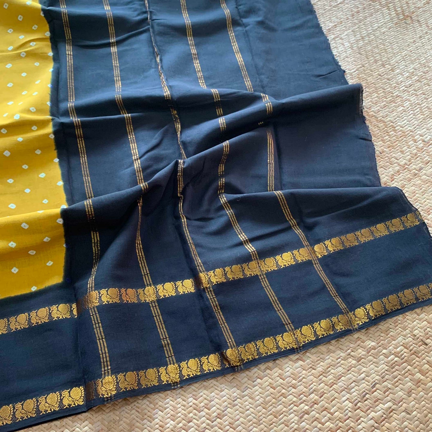 Mustard Saree With Deep Green Border, Hand knotted Sungudi On a Rudraksham Border Cotton saree, Kaikattu Sungadi