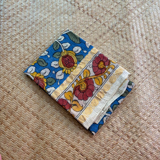 Blue Floral, Kalamkari Hand Painted on a Madurai Sungudi Cotton 1.20 METER FABRIC