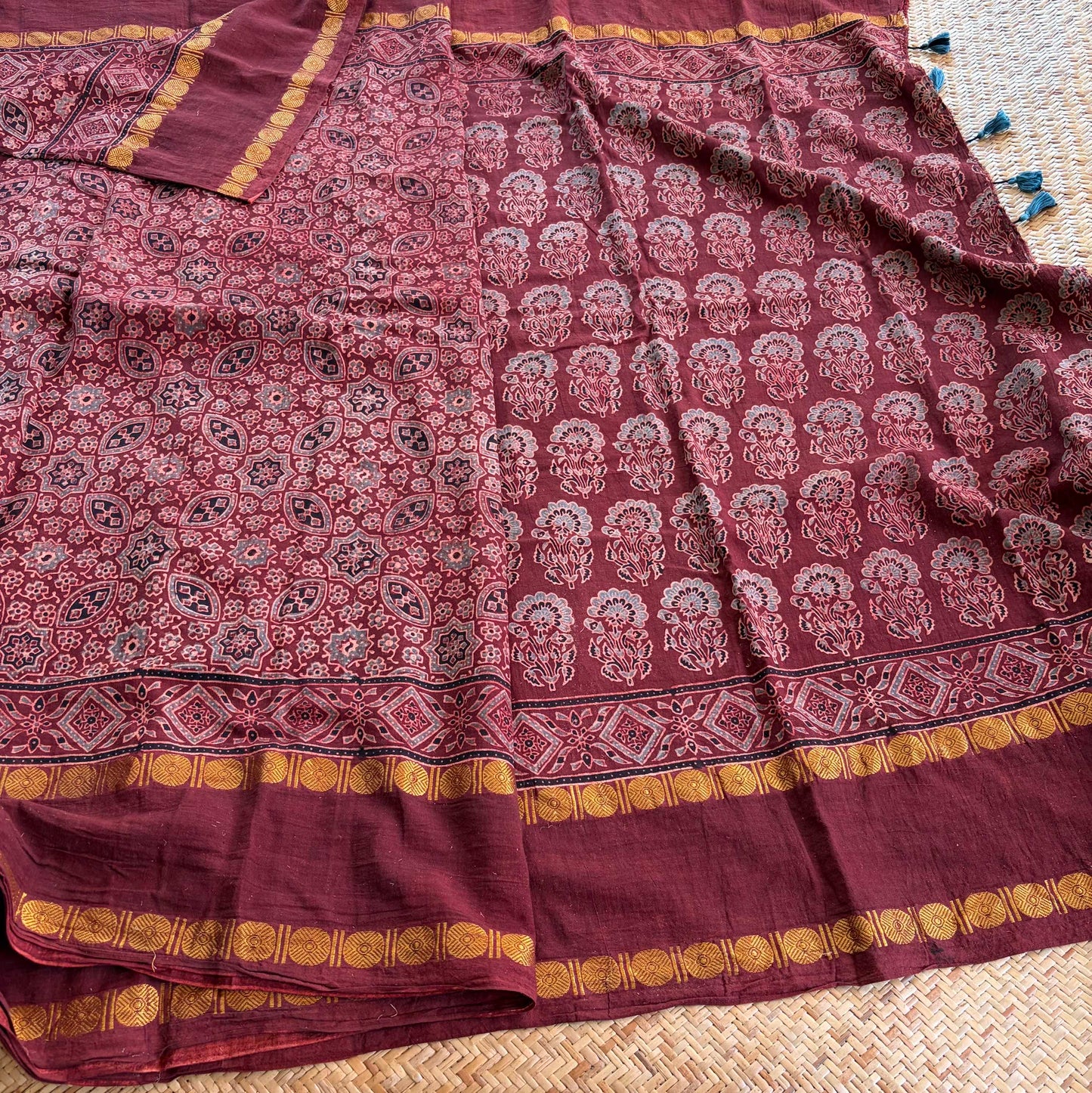 Araku, Ajrak Hand Block Printed On Madurai Cotton Saree With Zari