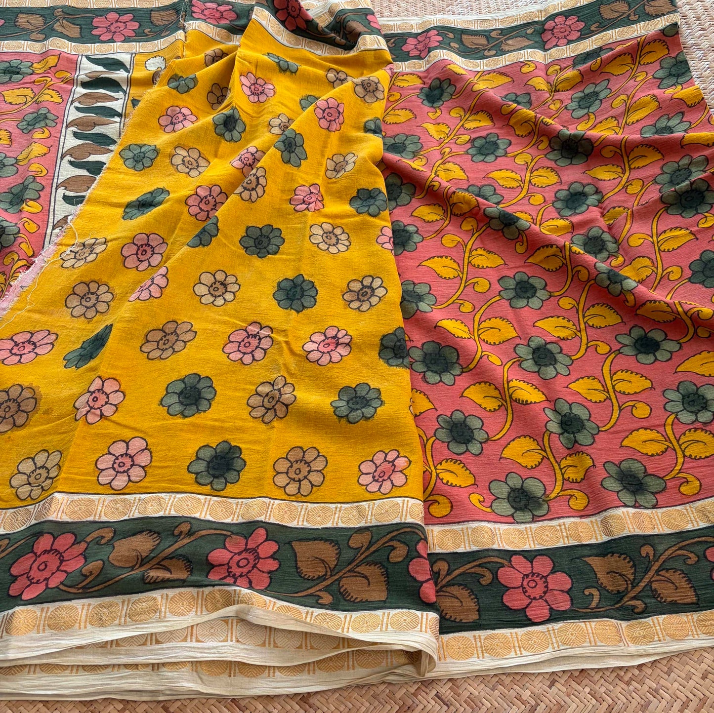Peach Kalamkari Hand Painted on Cotton Sungudi Saree With Blouse