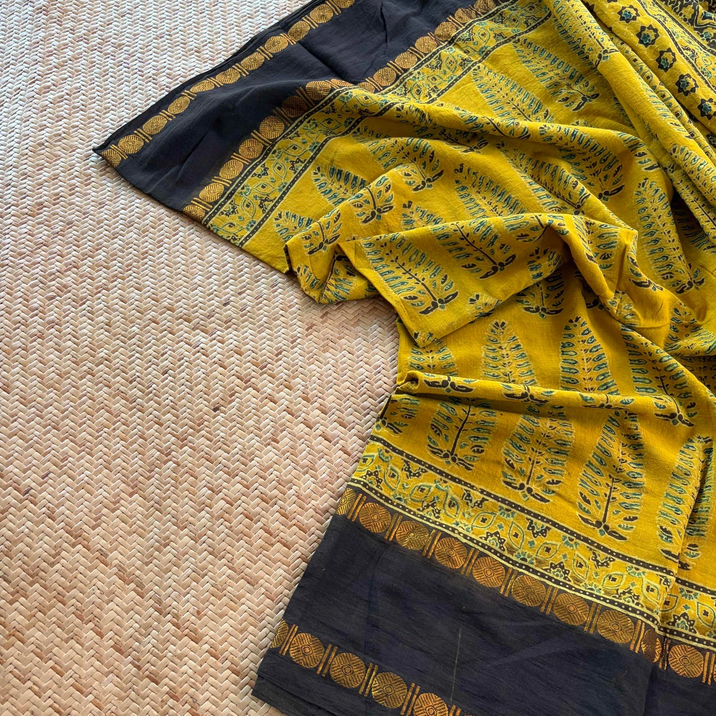 Mustard, Ajrak Hand Block Printed On Madurai Cotton Saree With Zari