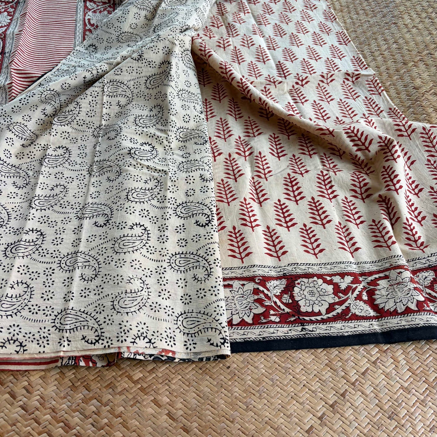 Mul Mul Cotton saree, Hand Block Printed, Beige