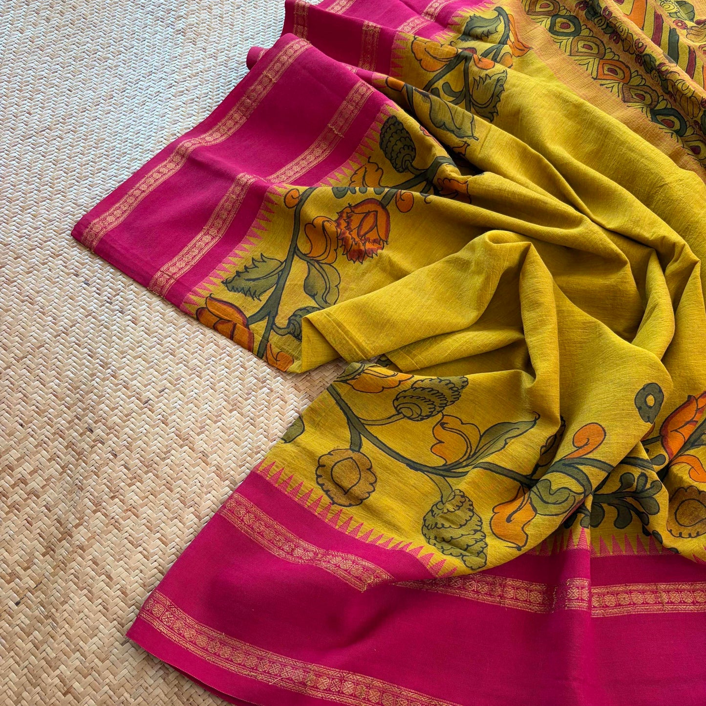 Olive Green Kalamkari Hand Painted on Chettinad Cotton saree