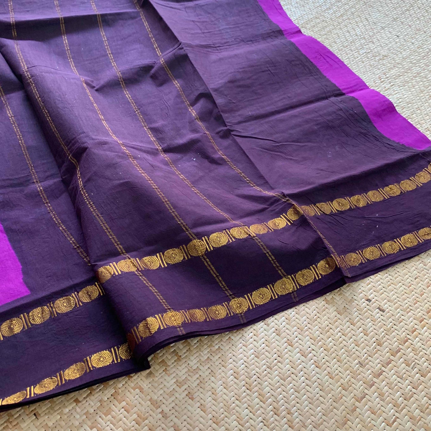 Purple Saree  Beetle Nut brown Border, Zari Rudrasham Rettai Pettu Border , Clamp dyed (Kattu sayam).