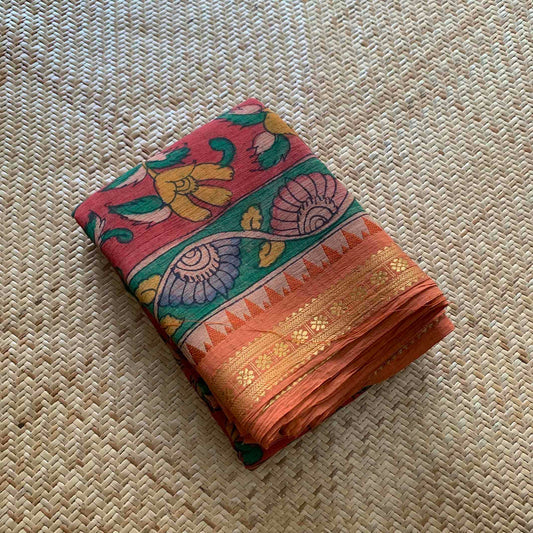 Red,Kalamkari Hand Painted on Chettinad Cotton saree