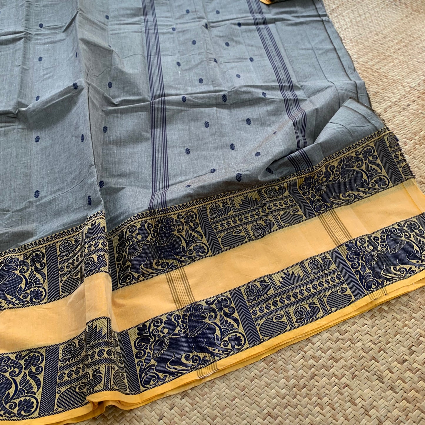 Grey with Yellow Thread Border, Chettinadu Cotton Saree