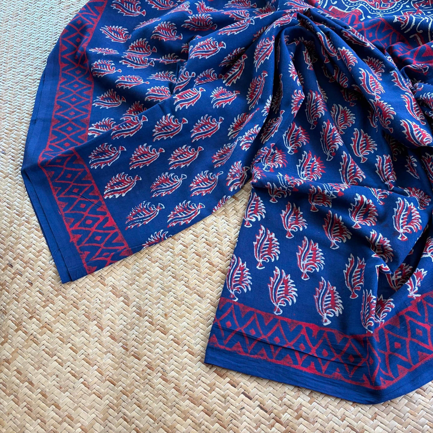 Mul Mul Cotton saree, Hand Block Printed, Blue