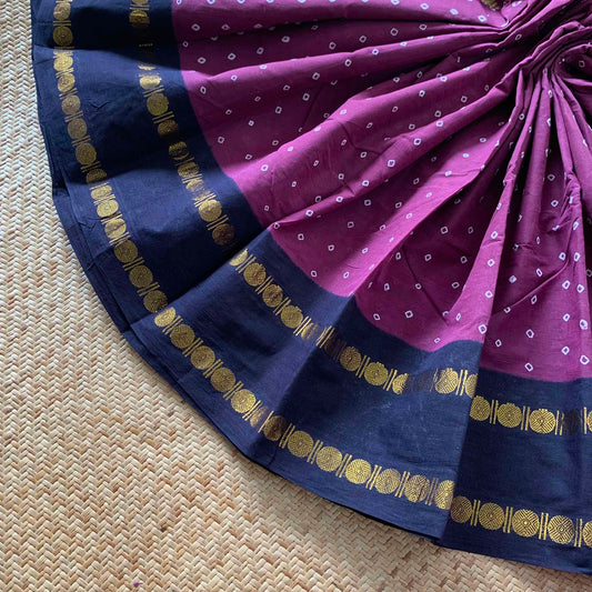 Dark Mauve Saree With Navy Border, Hand knotted Sungudi On a Rudraksham Border Cotton saree, Kaikattu Sungadi