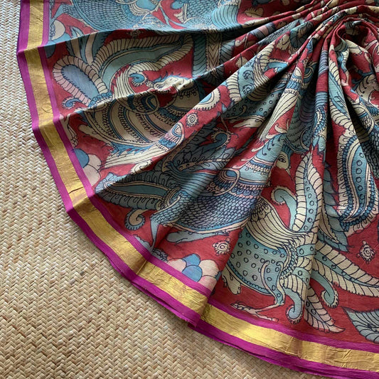 Maroon Hand Paint Kalamkari On Kanchivaram Silk Saree