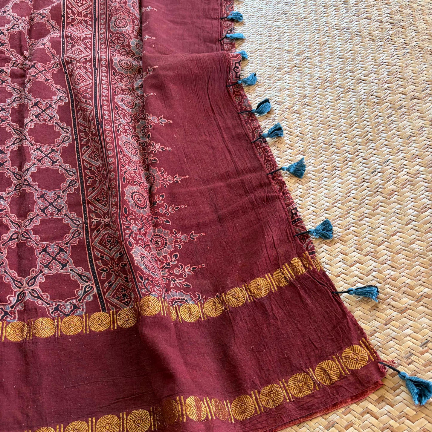 Araku, Ajrak Hand Block Printed On Madurai Cotton Saree With Zari