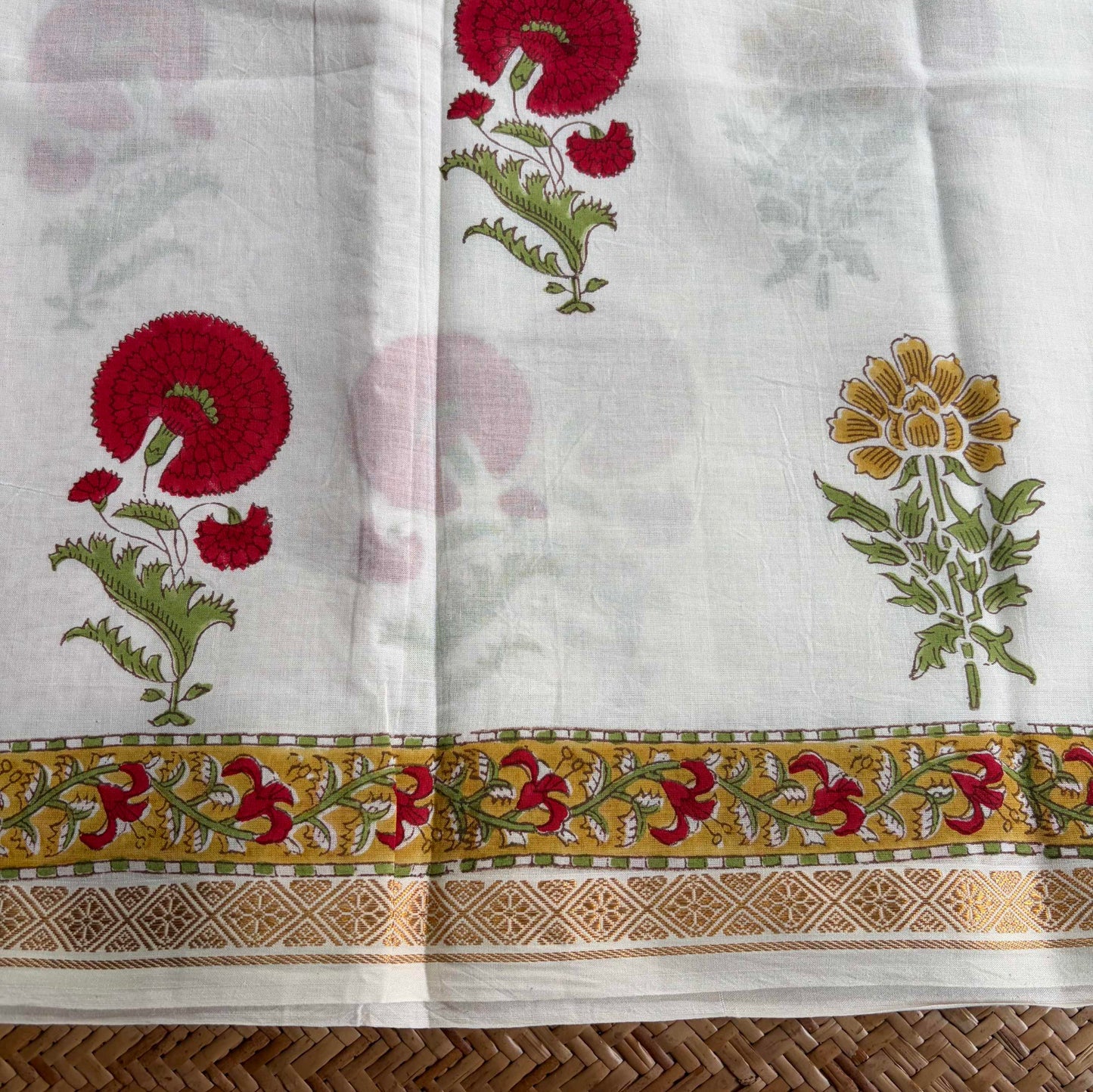 White, Jaipur Hand Block Printed On Madurai Cotton Saree With Zari