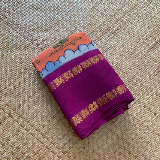 Crane, Kalamkari Hand Painted on a Madurai Sungudi Cotton saree.
