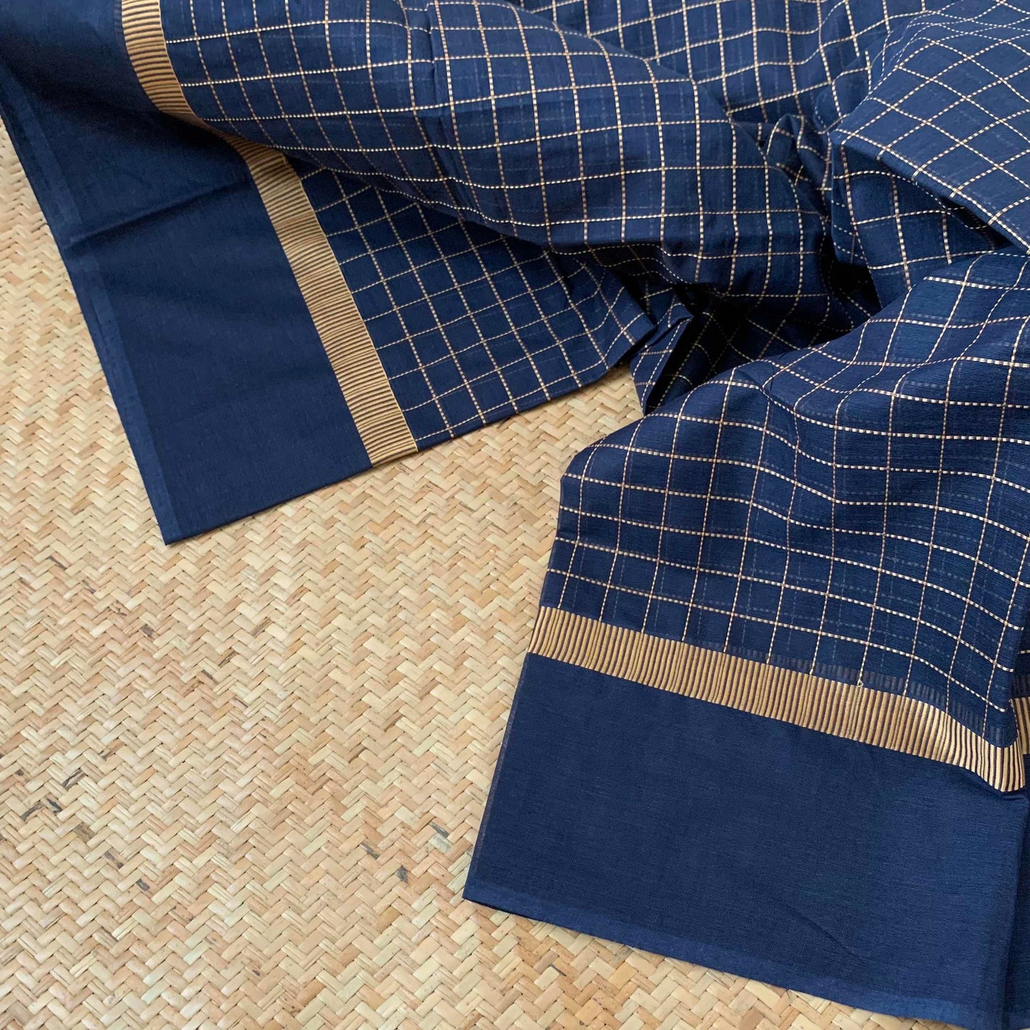 Navy Blue Checked Saree Chettinad Cotton Work Wear Saree
