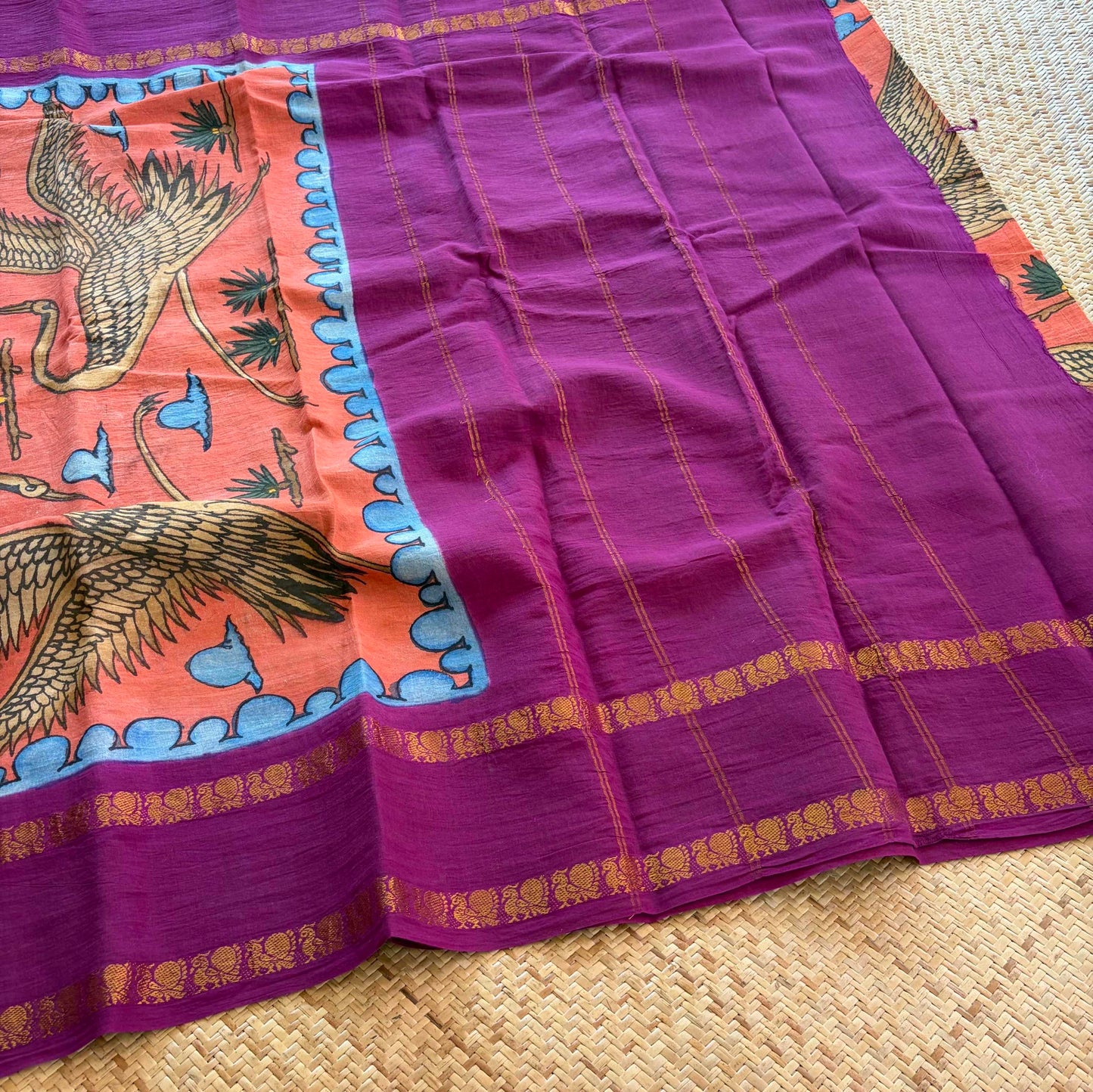 Crane Kalamkari Hand Painted on a Madurai Sungudi Cotton saree.