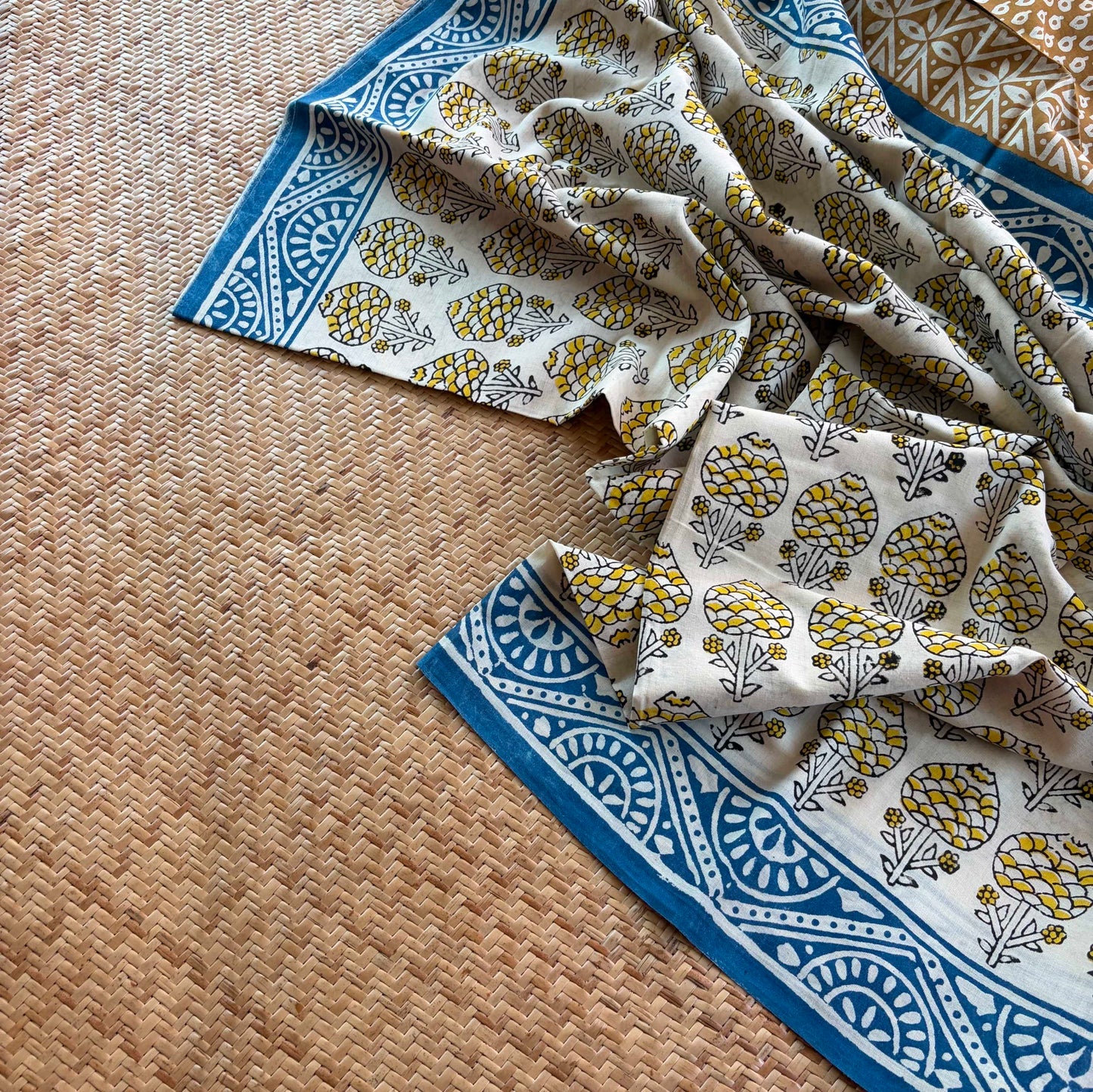Mul Mul Cotton saree, Hand Block Printed, Beige