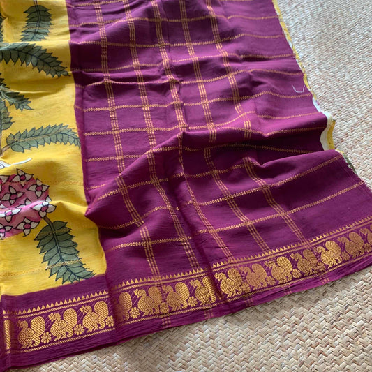 Mustard Kalamkari Hand Painted on a Madurai Velthari Sungudi Cotton saree.