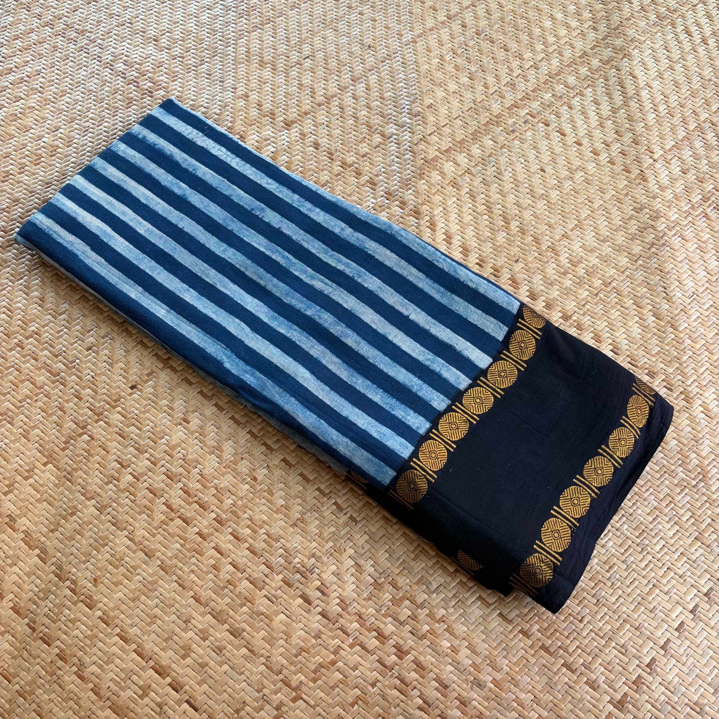 Strips Indigo, Ajrak Hand Block Printed On Madurai Cotton Saree With Zari