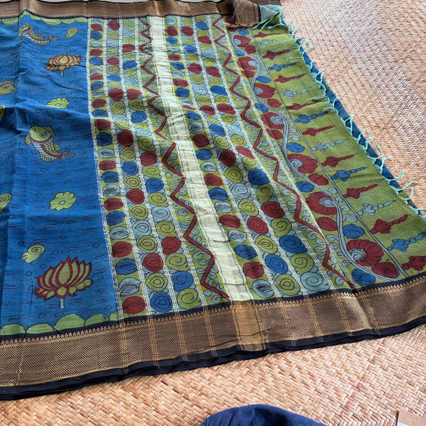 Blue Kalamkari Hand Painted on Chettinad Cotton saree