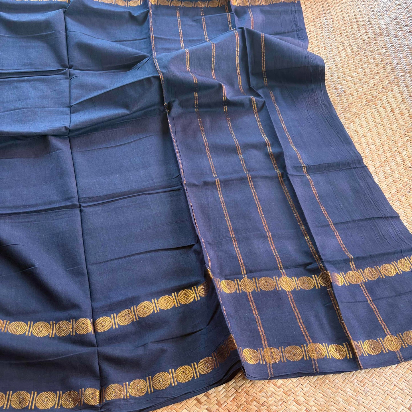Navy Saree With Ajrak Blouse , Zari Rudraksham Rettai Pettu Border , Clamp dyed (Kattu sayam).