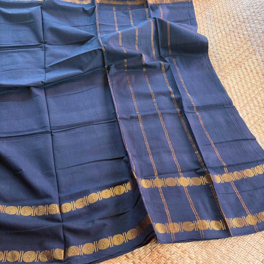Navy Saree With Ajrak Blouse , Zari Rudraksham Rettai Pettu Border , Clamp dyed (Kattu sayam).